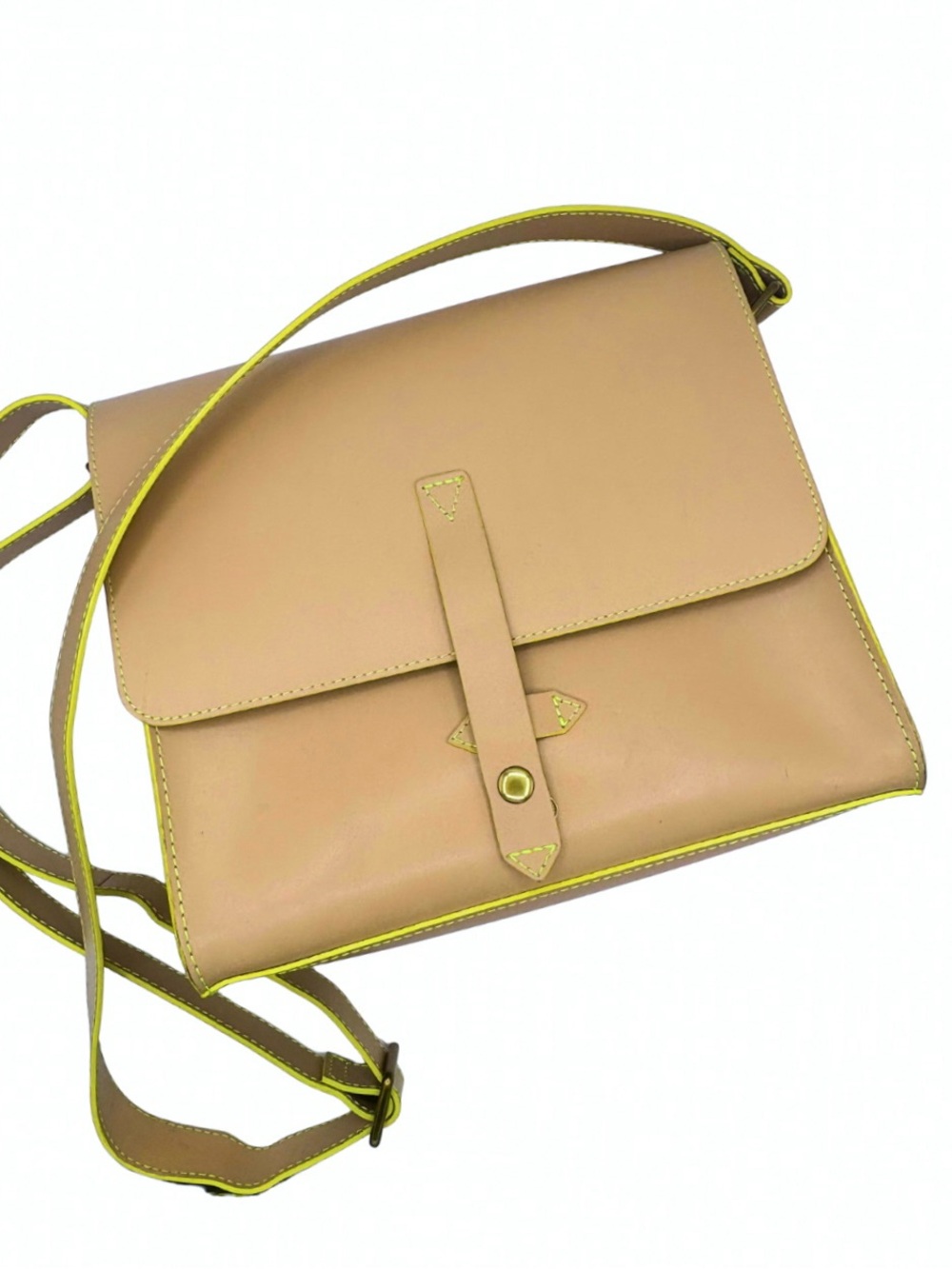 Joy Gryson TriBeCa Nude Leather Crossbody Bag Neon Yellow Trim Korean Designer